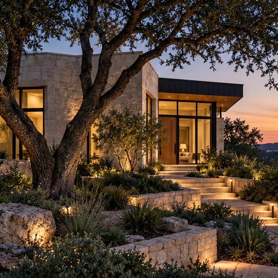 Conceptual architectural image: limestone home at dusk.