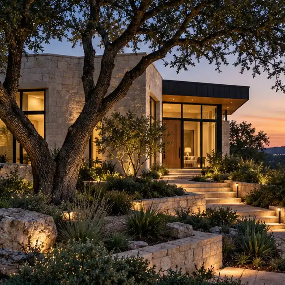 AI-generated limestone home concept at dusk.
