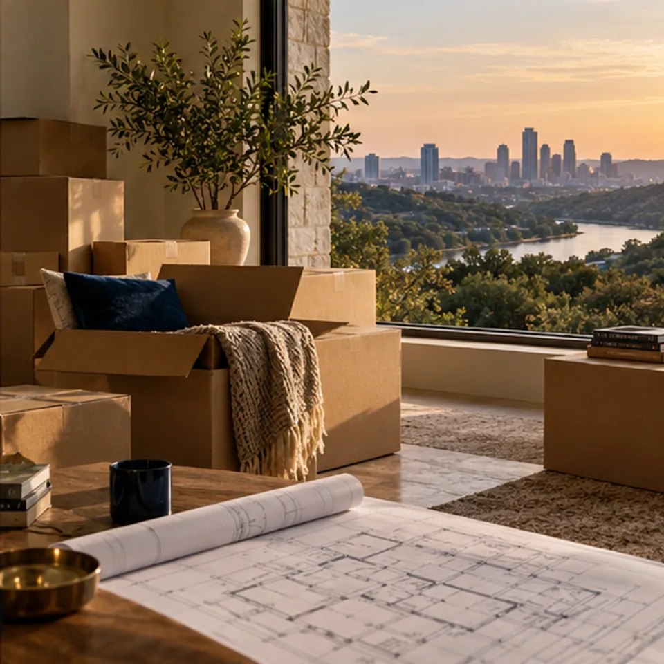 Conceptual architectural image: relocation plans and moving boxes.