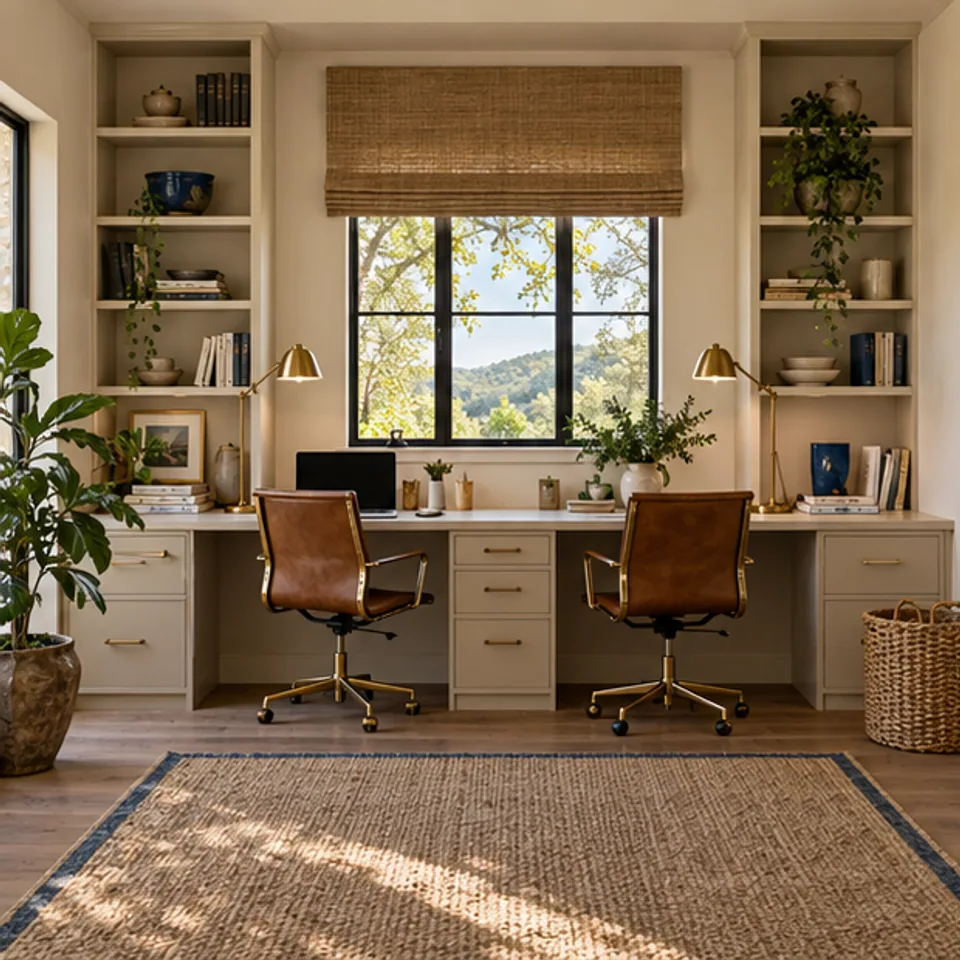 Conceptual architectural image: shared home office for two.