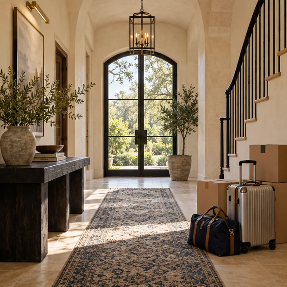 Conceptual architectural image: sunlit entry prepared for arrival.