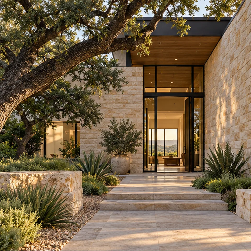 Conceptual architectural image: contemporary stone entry among oaks.