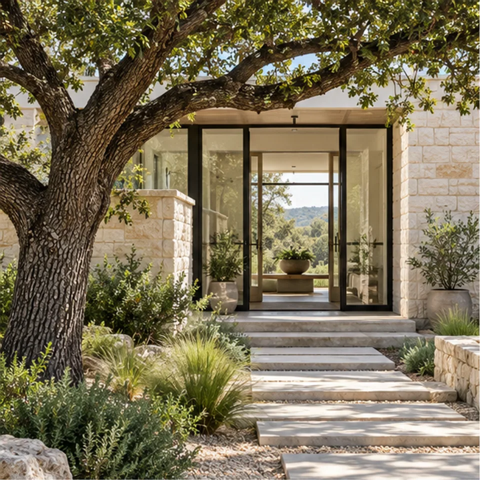 Conceptual architectural image: glass entry and oak garden.