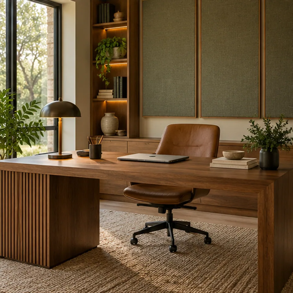 Conceptual architectural image: private work room and garden light.
