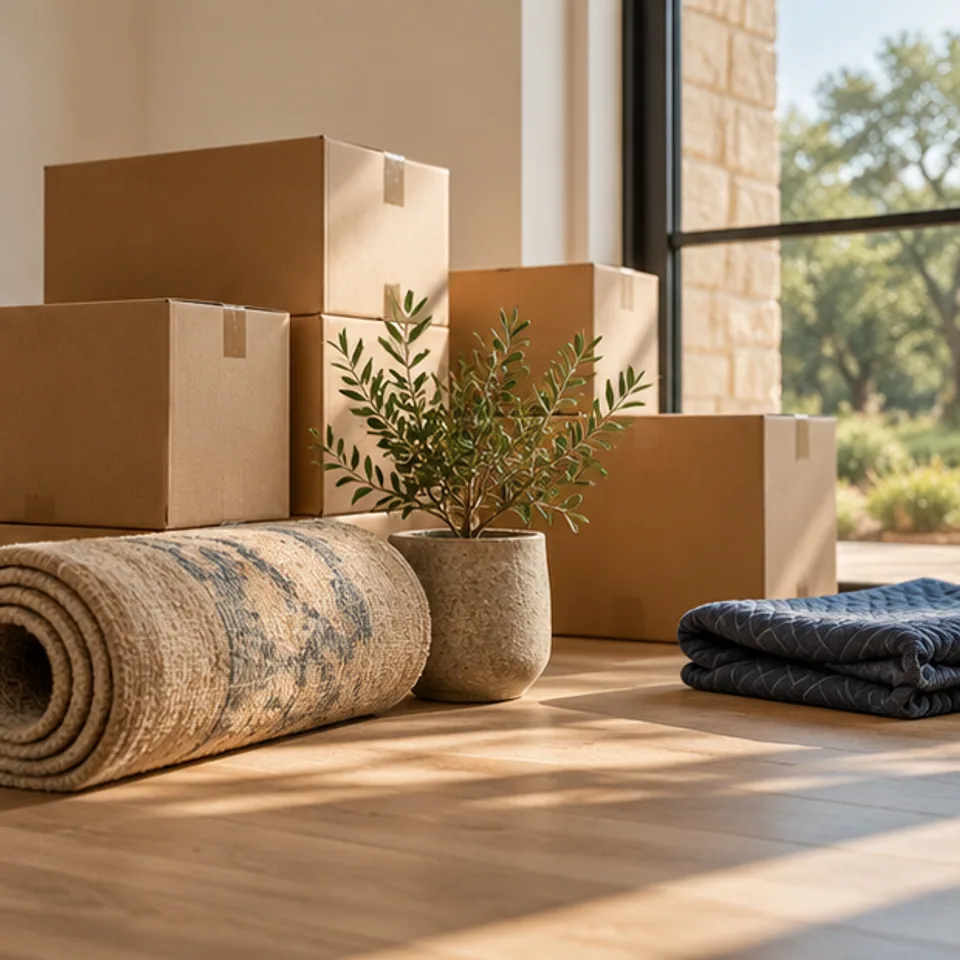 Conceptual architectural image: moving-day details beside a window.