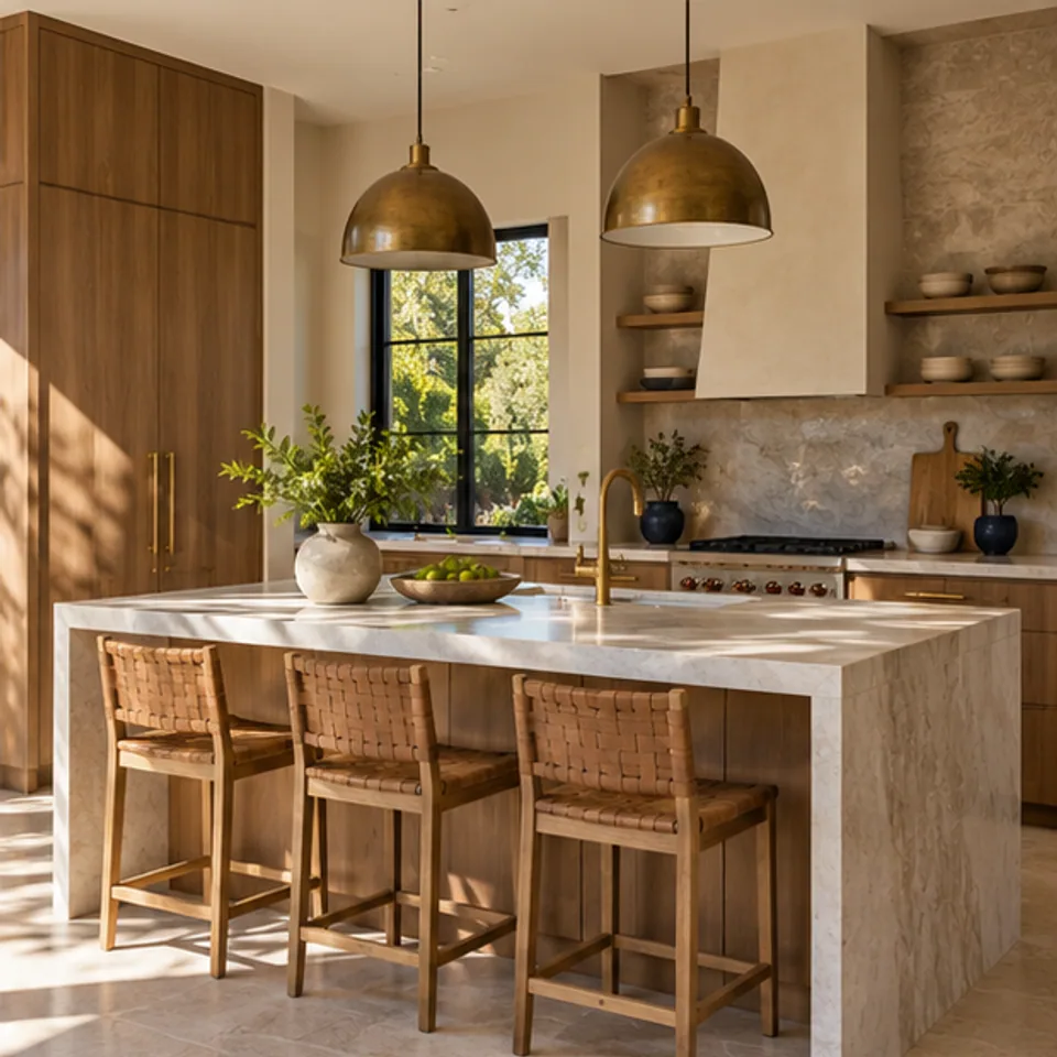 Conceptual architectural image: daylit stone kitchen island.