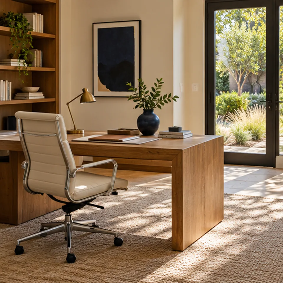 Conceptual architectural image: home office with door and daylight.