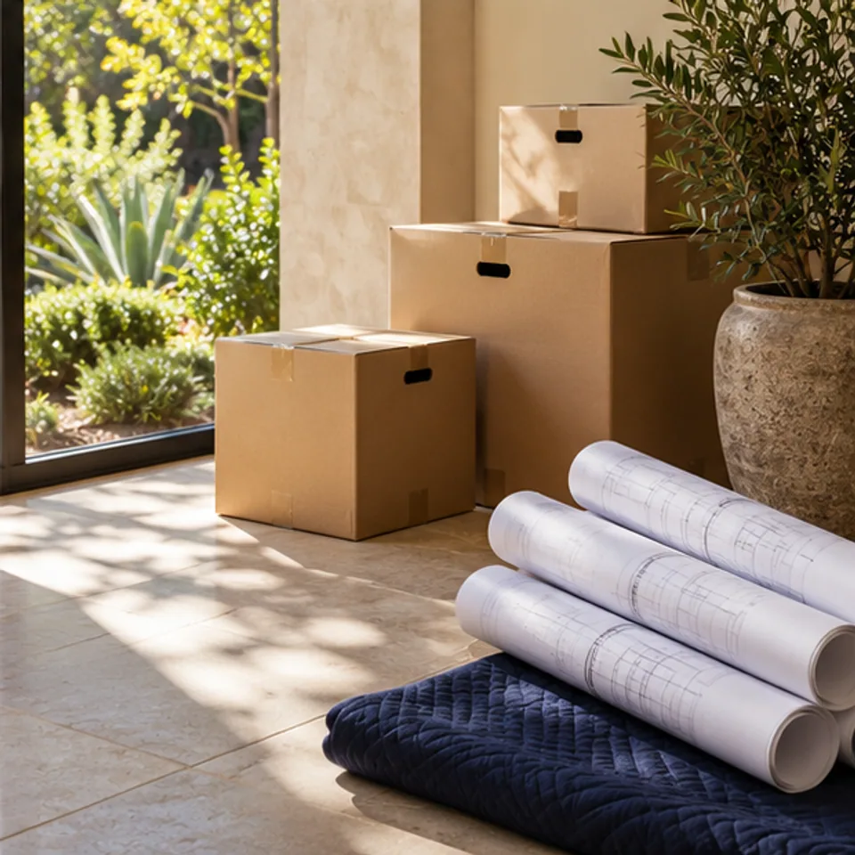 Conceptual architectural image: move-in materials and rolled plans.