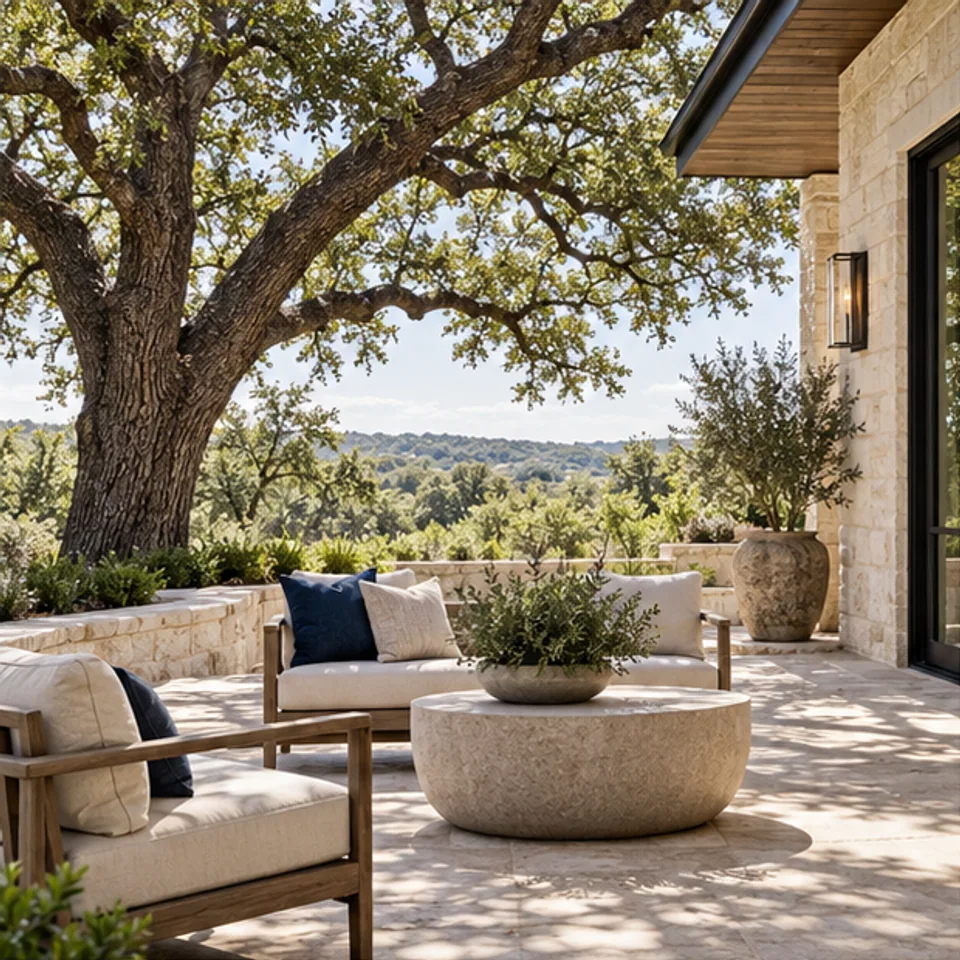 AI-generated limestone patio and oak concept.
