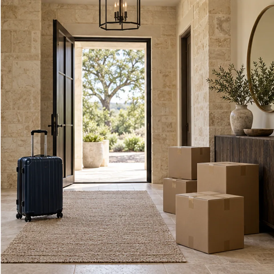 Conceptual architectural image: arrival with suitcase and moving boxes.